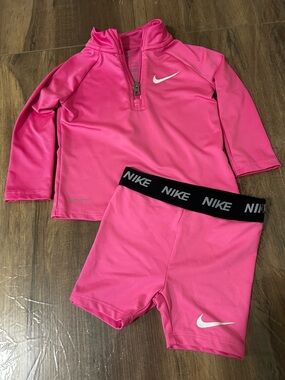 Nike Bright Pink Kids Long-Sleeve Rash Guard Top & Swim Shorts Set